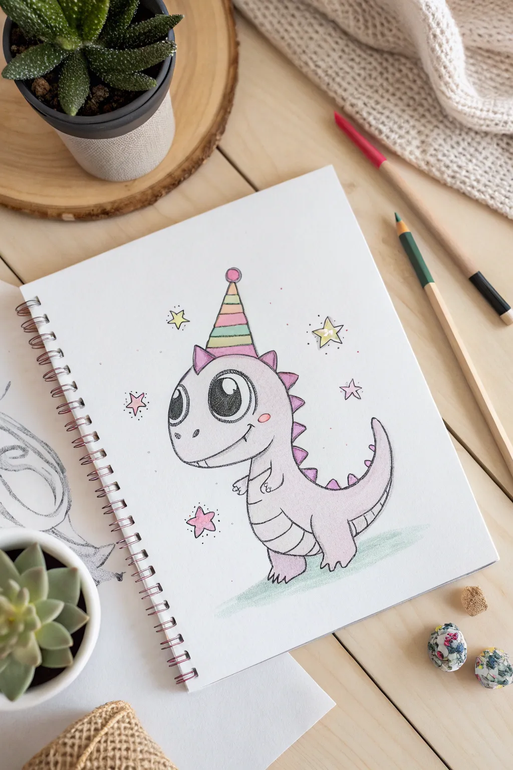 Celebrate creativity with this charming kawaii dinosaur and its playful party hat—perfect for minimalist and boho lovers alike!