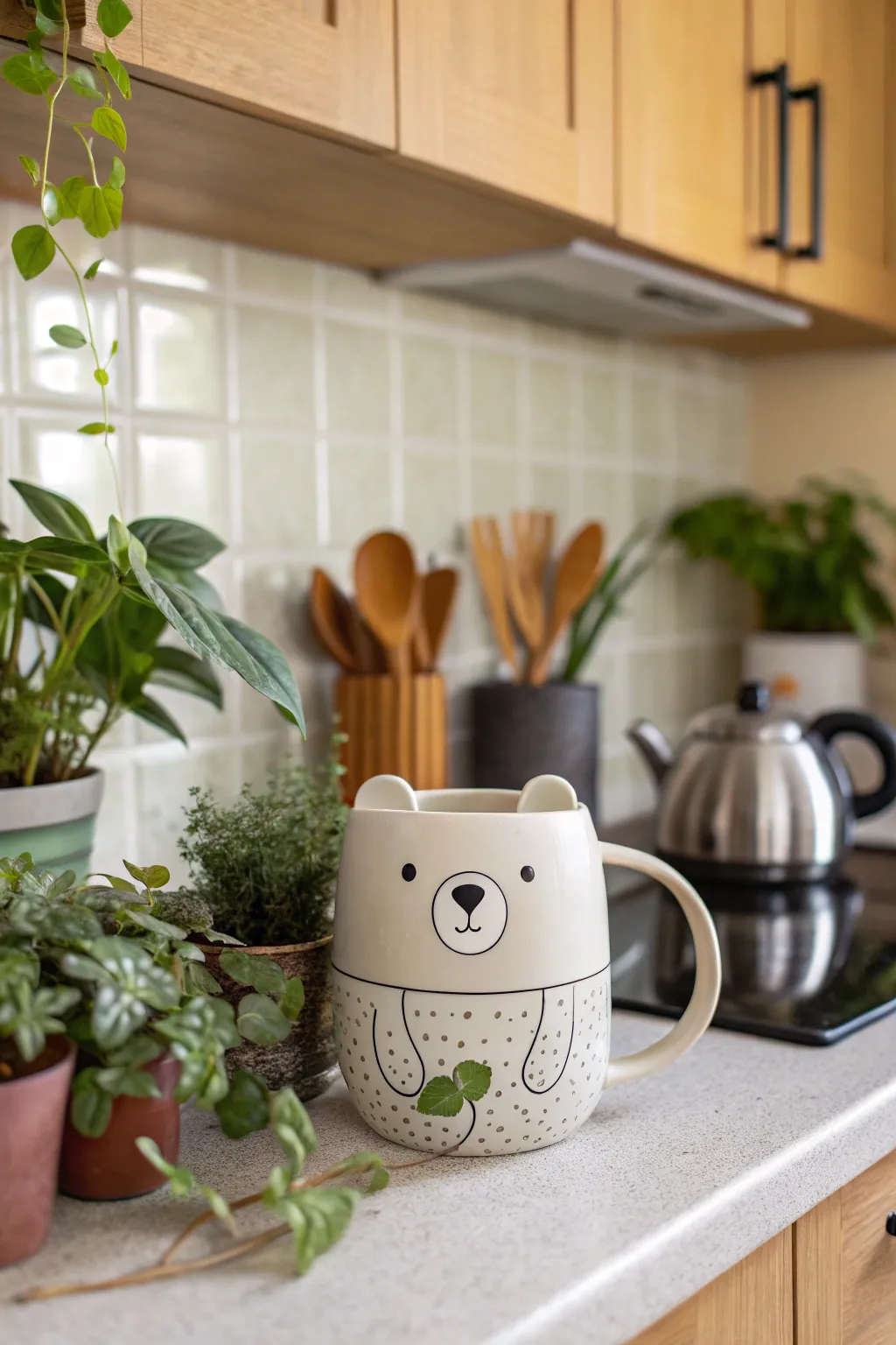 An adorable bear-shaped mug adds charm to any morning coffee.