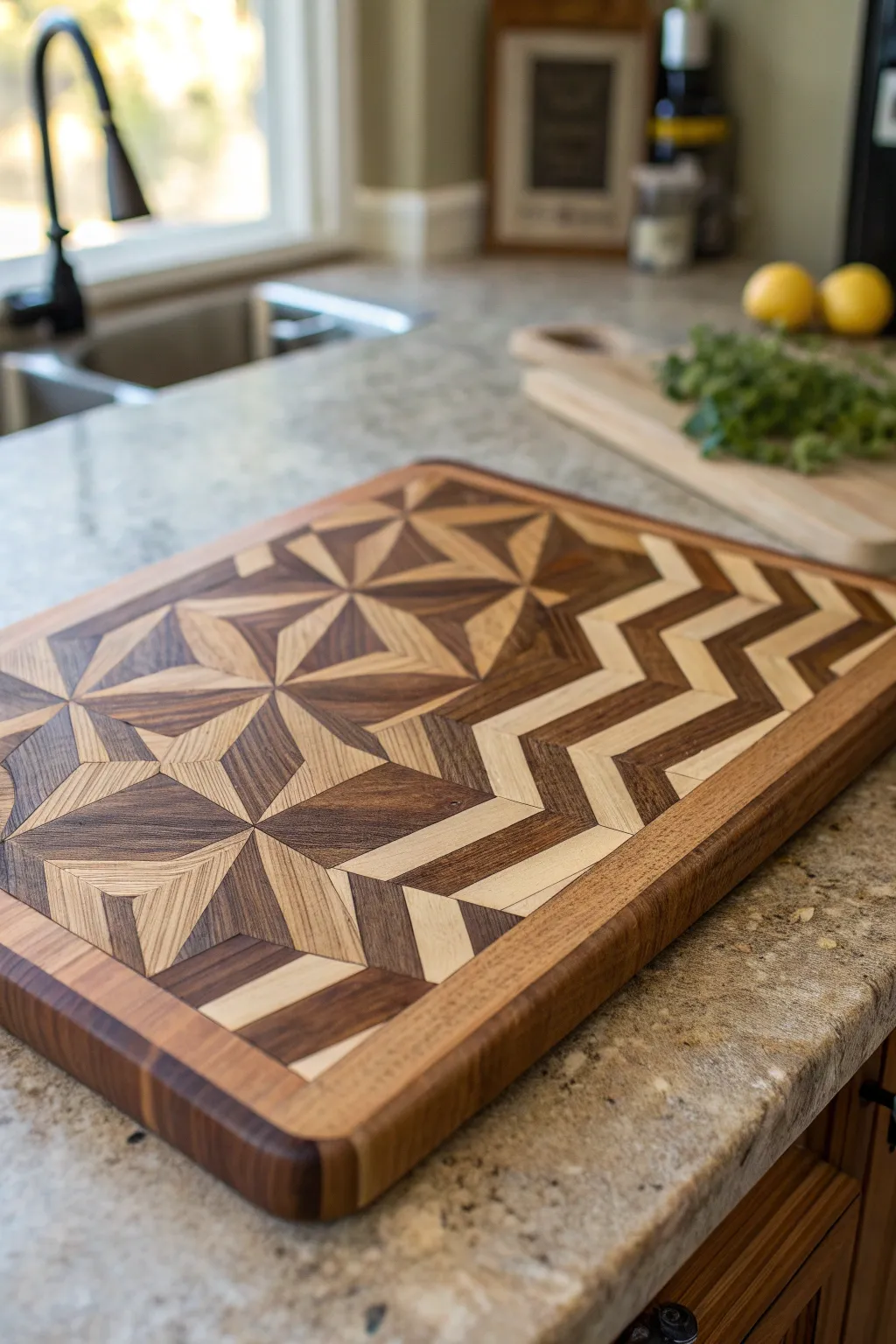 Elevate your kitchen with this stunning geometric-patterned cutting board, a masterpiece of craftsmanship.