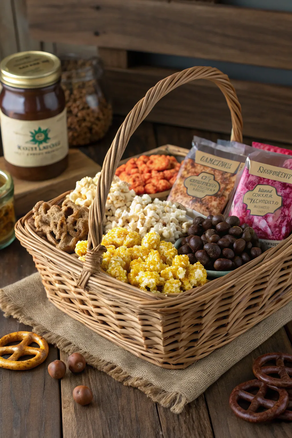 Indulge in the perfect blend of sweet and savory treats with this gourmet snack basket, crafted for the discerning dad.
