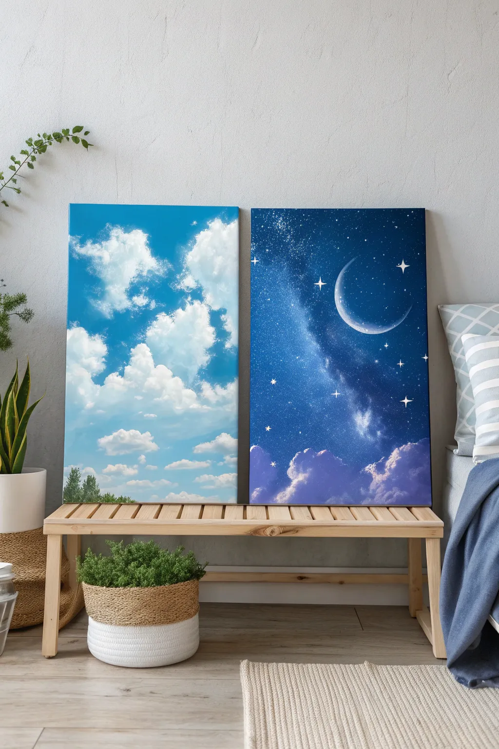 Embrace the harmony of day and night with this celestial split canvas, perfect for adding a touch of minimalist elegance to your space.