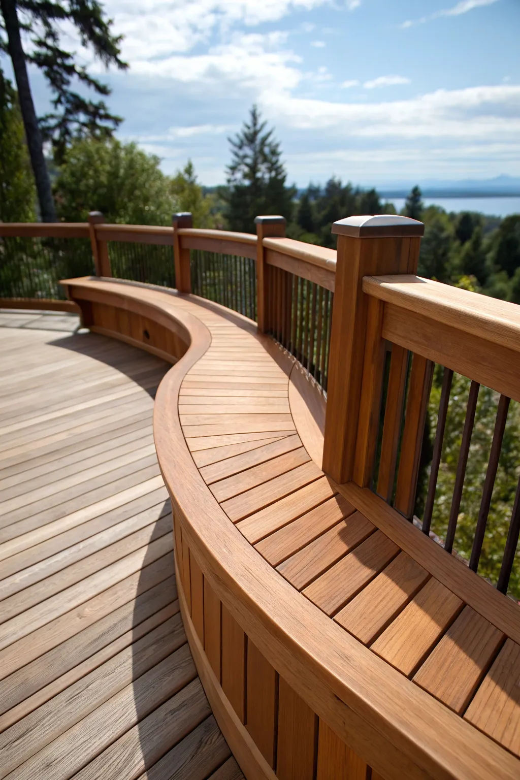 Experience the art of relaxation with a masterfully crafted wrap-around bench that frames your deck with elegance and comfort.