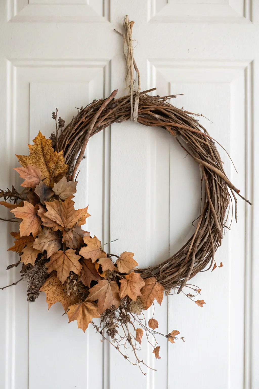 Embrace the cozy charm of autumn with a rustic grapevine wreath adorned in muted leaves.