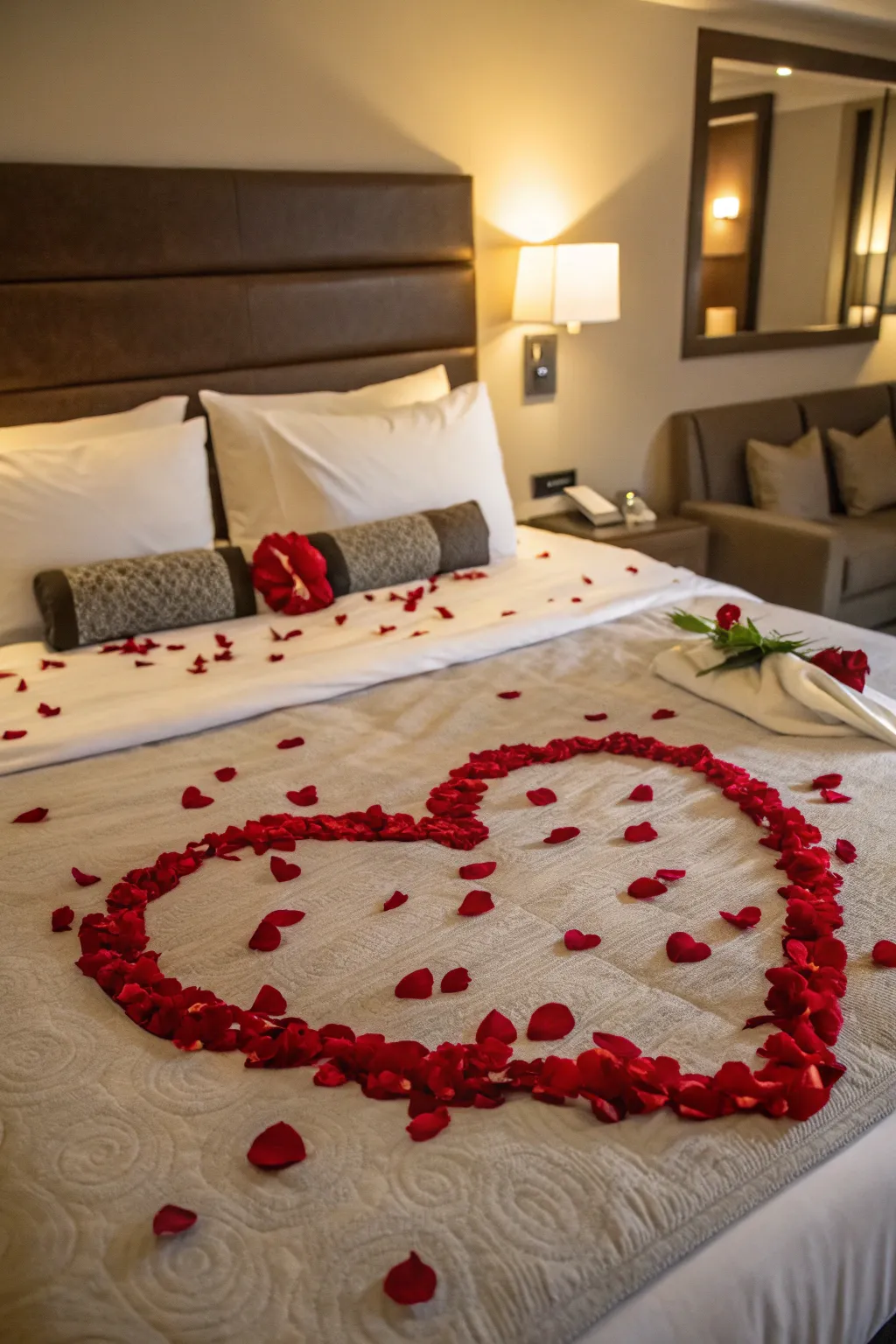 Rose petals arranged in a heart shape add a romantic touch to the room.