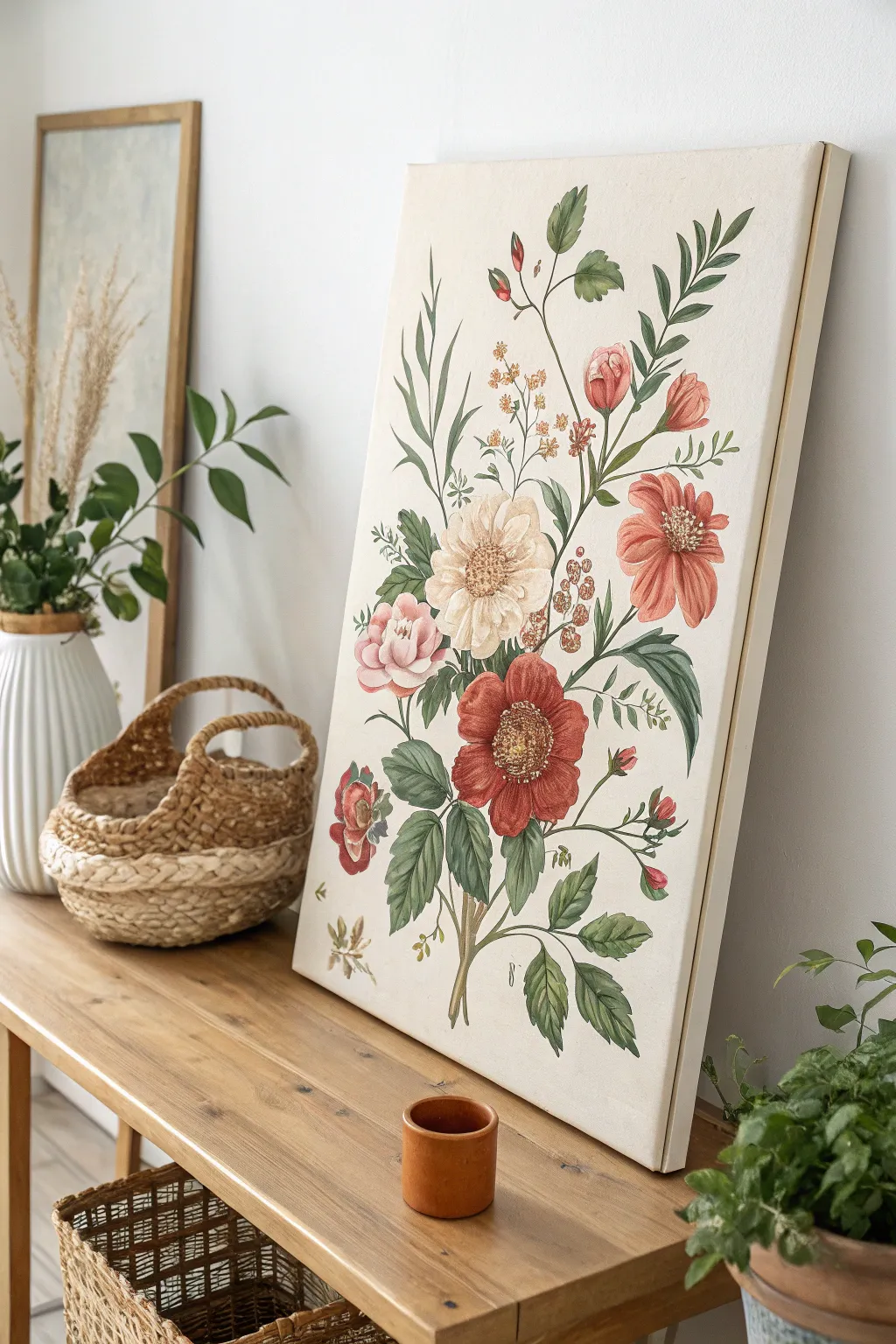 Embrace the charm of nature indoors with this exquisite floral decoupage on canvas.