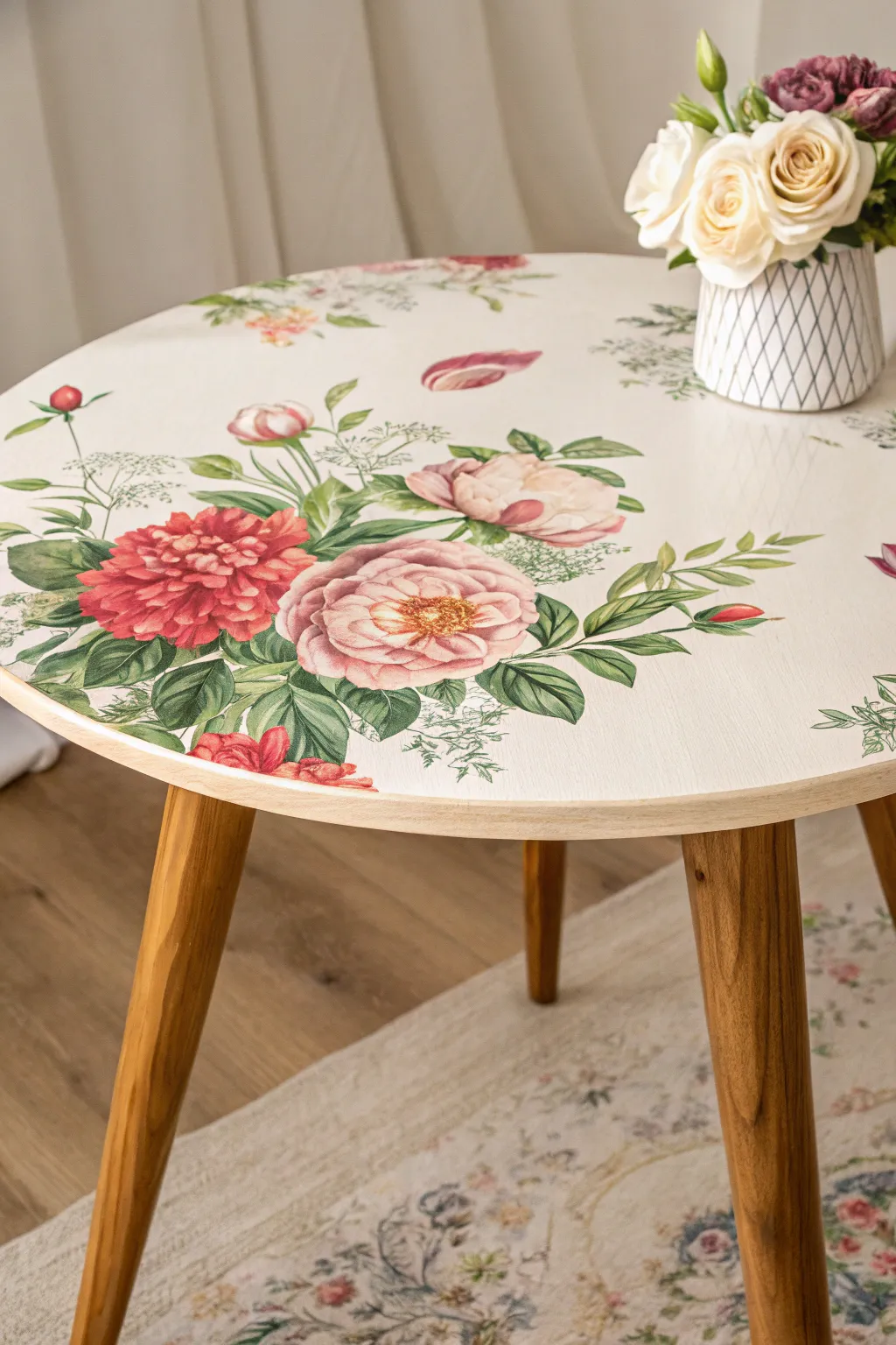 Bring a touch of floral fantasy into your home with this stunning decoupage tabletop transformation.