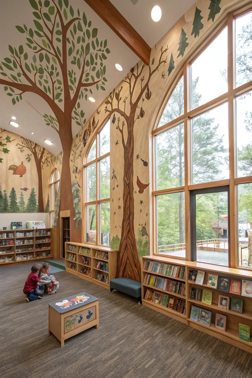 A forest-themed library space brings nature's tranquility indoors.