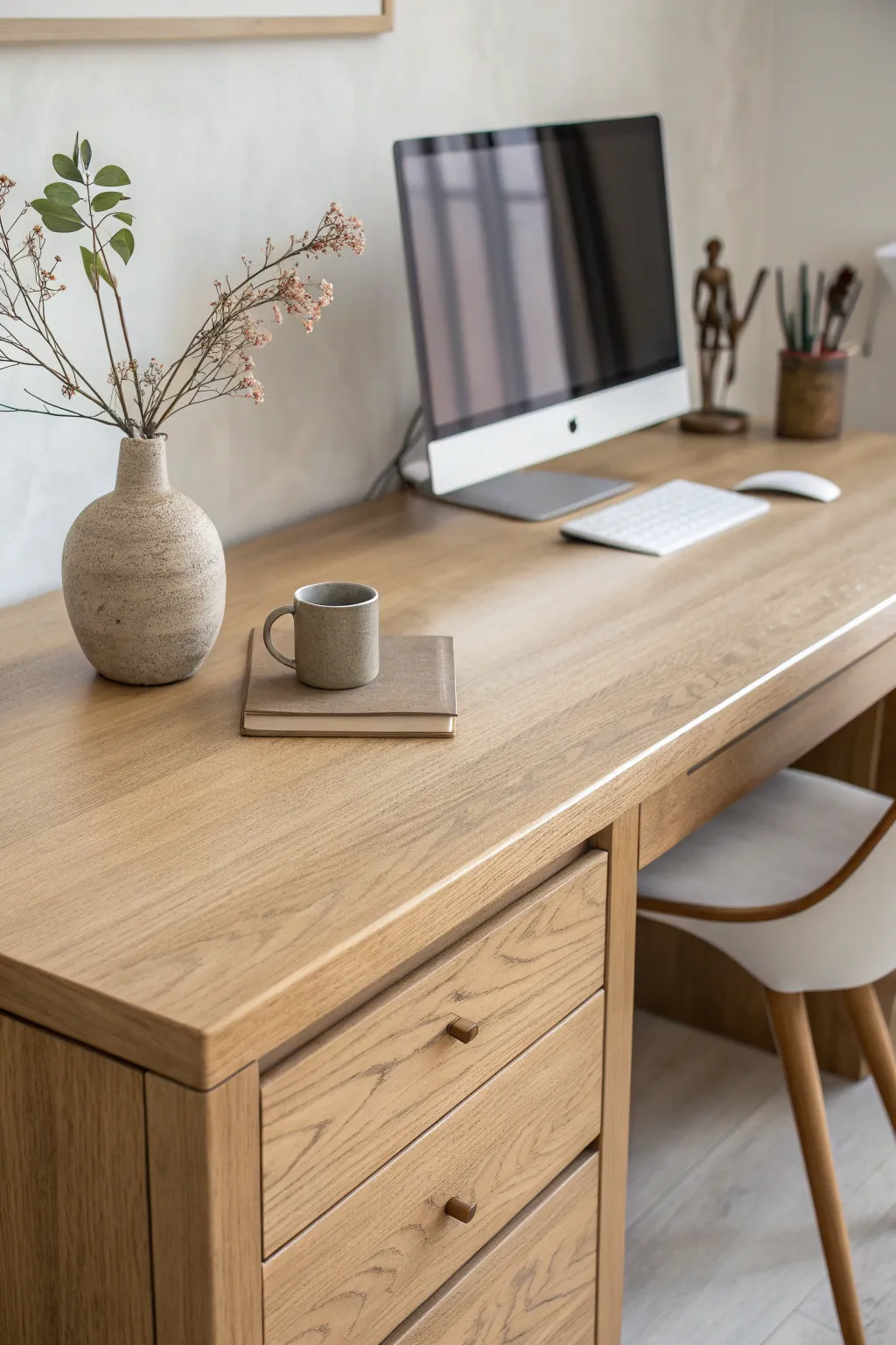 Embrace tranquility and focus with a minimalist desk design that speaks volumes through simplicity and natural beauty.