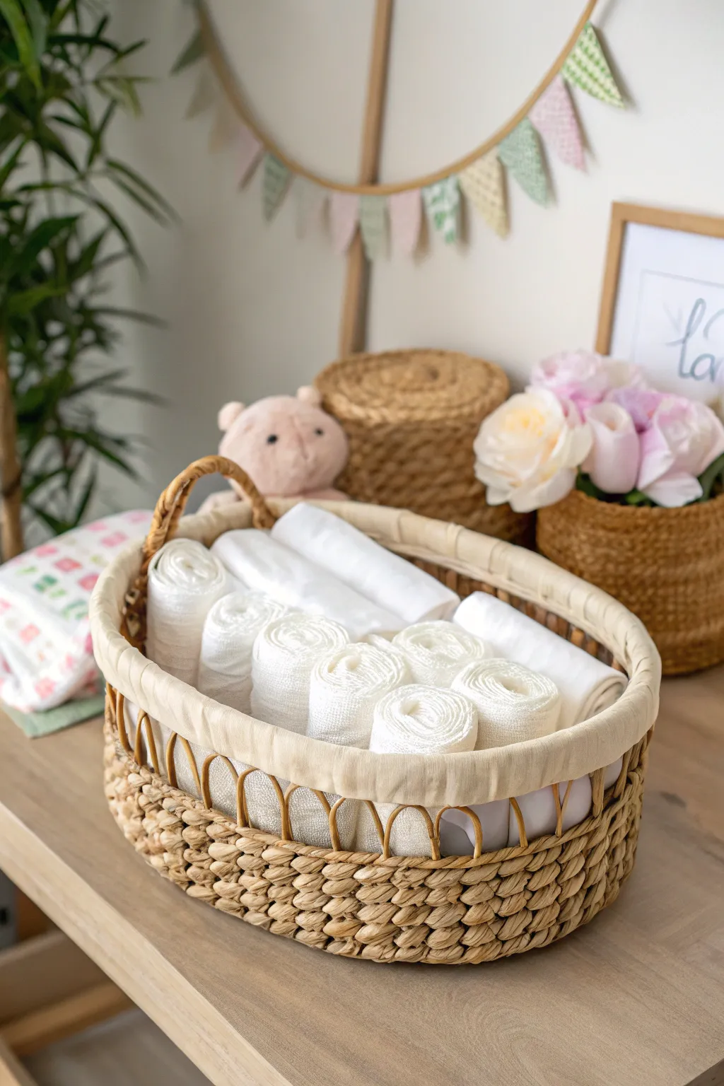 Embrace simplicity with 'The Classic Mix'—a diaper basket that combines elegance and charm with a touch of warmth.