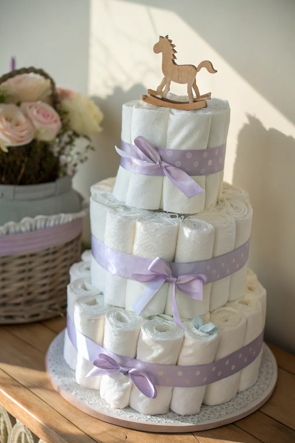 A timeless classic with a personal touch: the elegant tiered diaper cake.