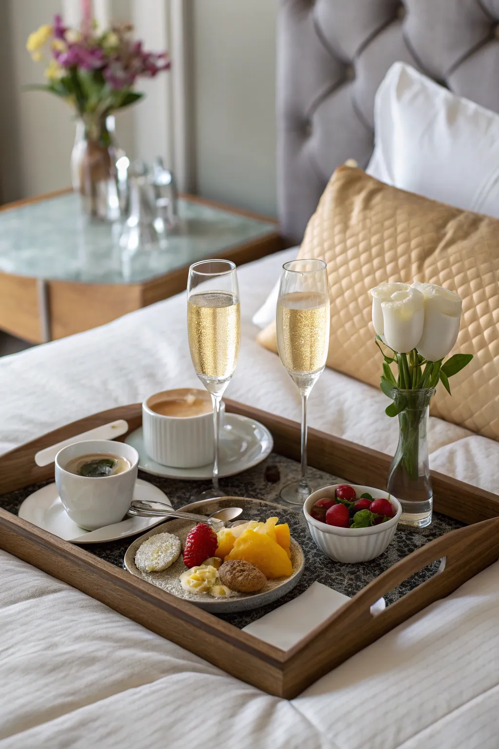 An elegant breakfast tray transforms your bed into a dining haven.