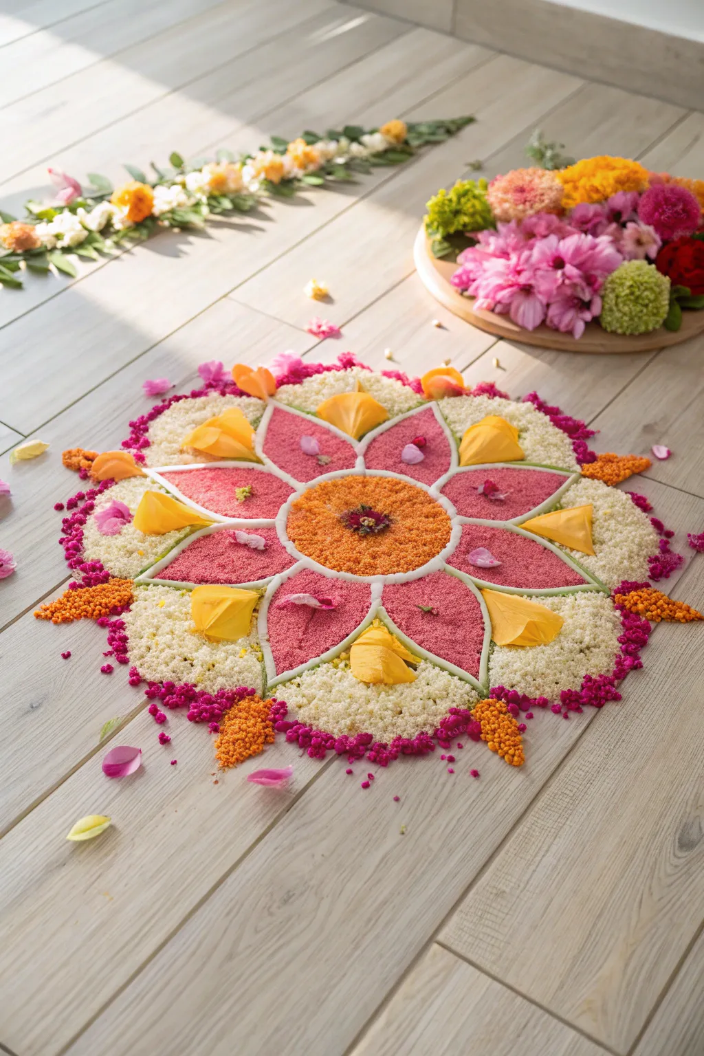 Infuse tradition with modern elegance: A minimalist floral rangoli that sparkles with natural beauty.