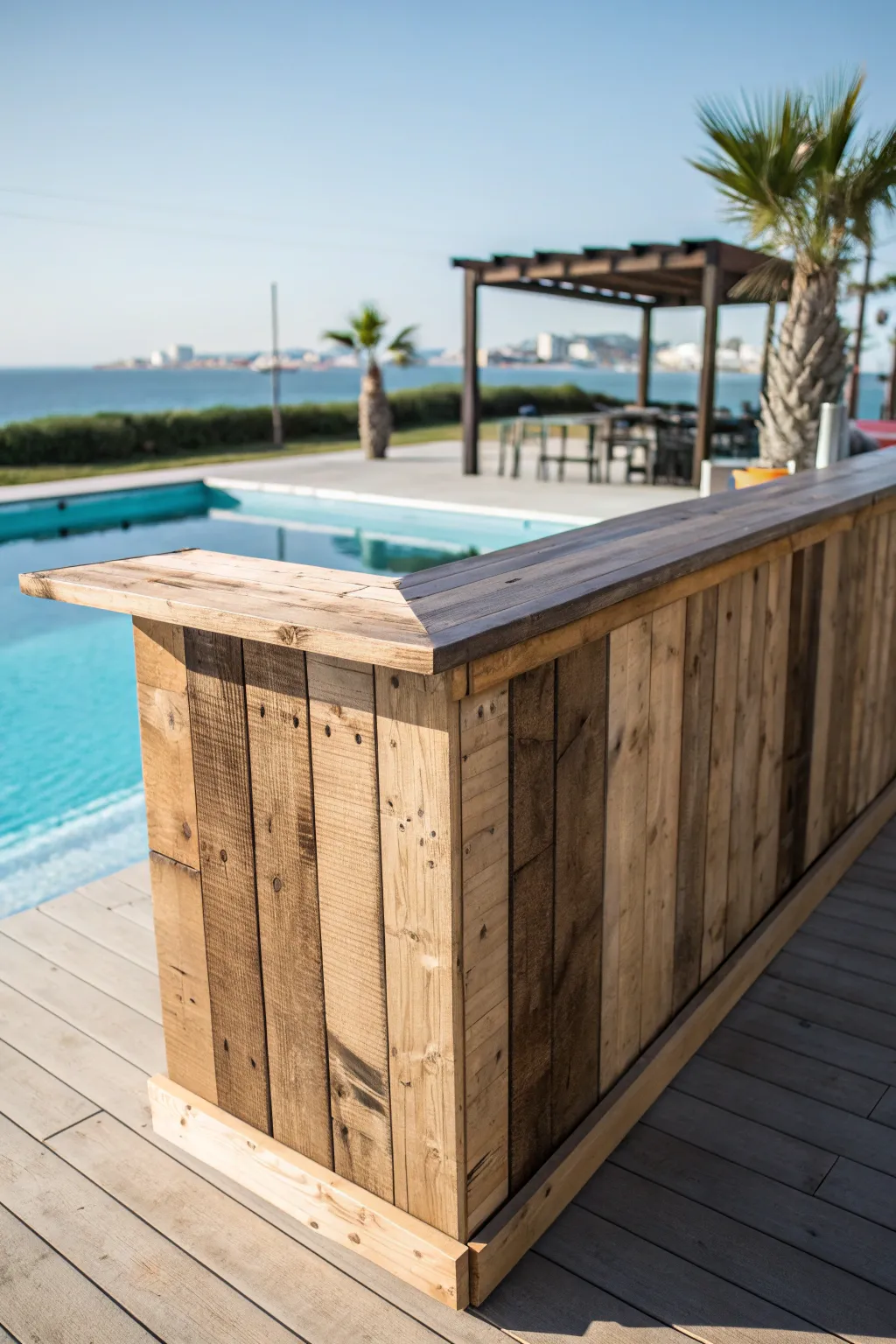 Embrace the rustic allure of pallet wood with this handcrafted poolside bar, a perfect blend of style and craftsmanship.