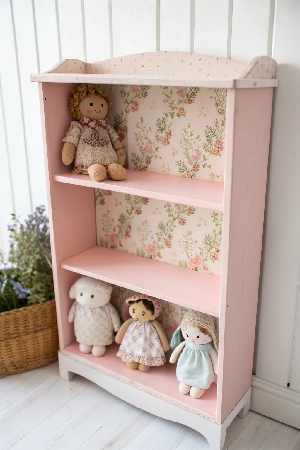 Transform an old bookshelf into a charming baby doll haven with paint and paper for a touch of boho chic!