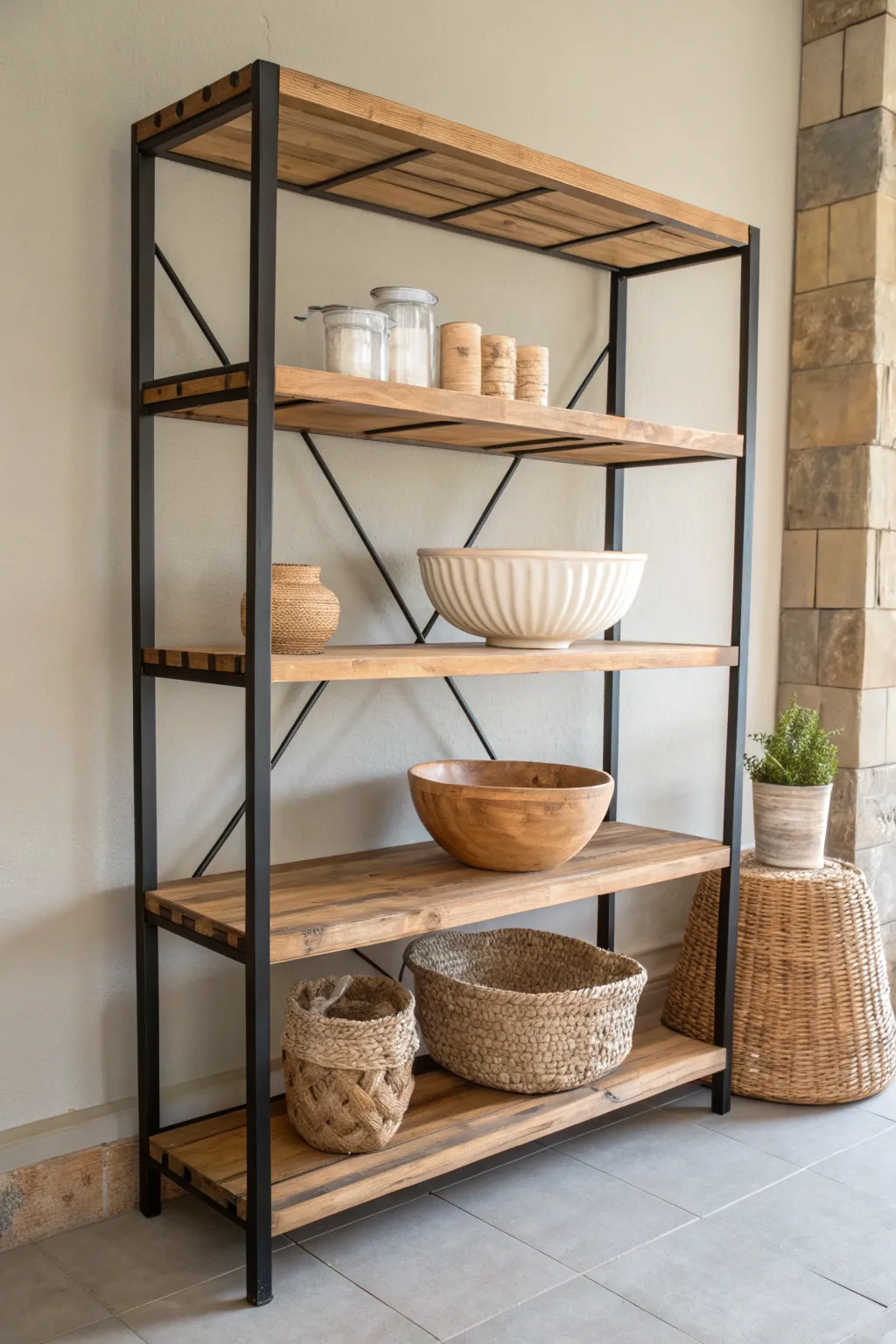 Elevate your kitchen with this stunning rustic wood and metal baker's rack, blending farmhouse charm with modern minimalist style!