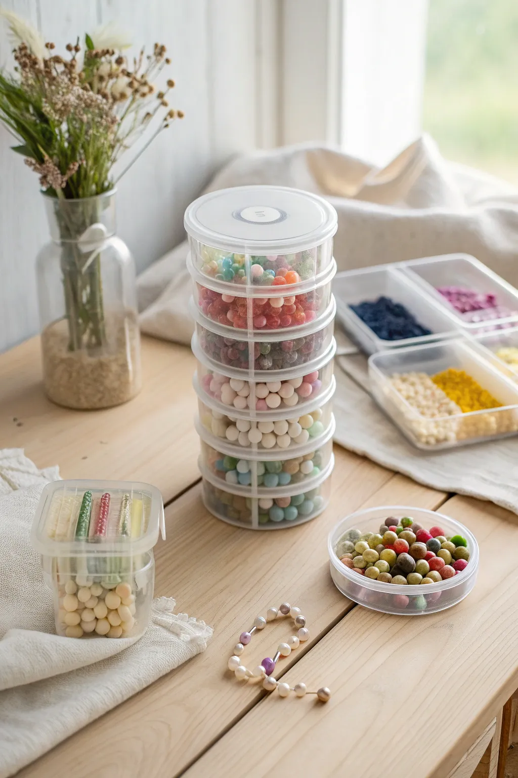 Organize with elegance: Clear stackable containers for your bead collection, embodying minimalist charm with a Boho twist.