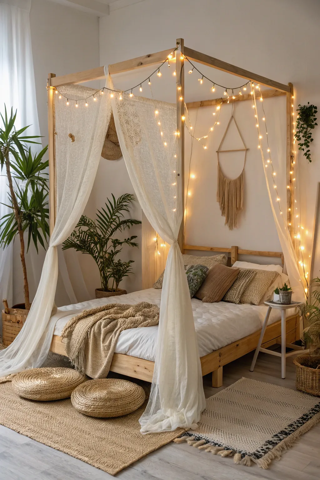 Transform your bedroom into a dreamy retreat with a simple string light canopy.