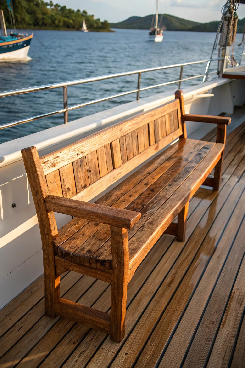 Elevate your boat's style with a handcrafted wooden bench that exudes rustic charm.