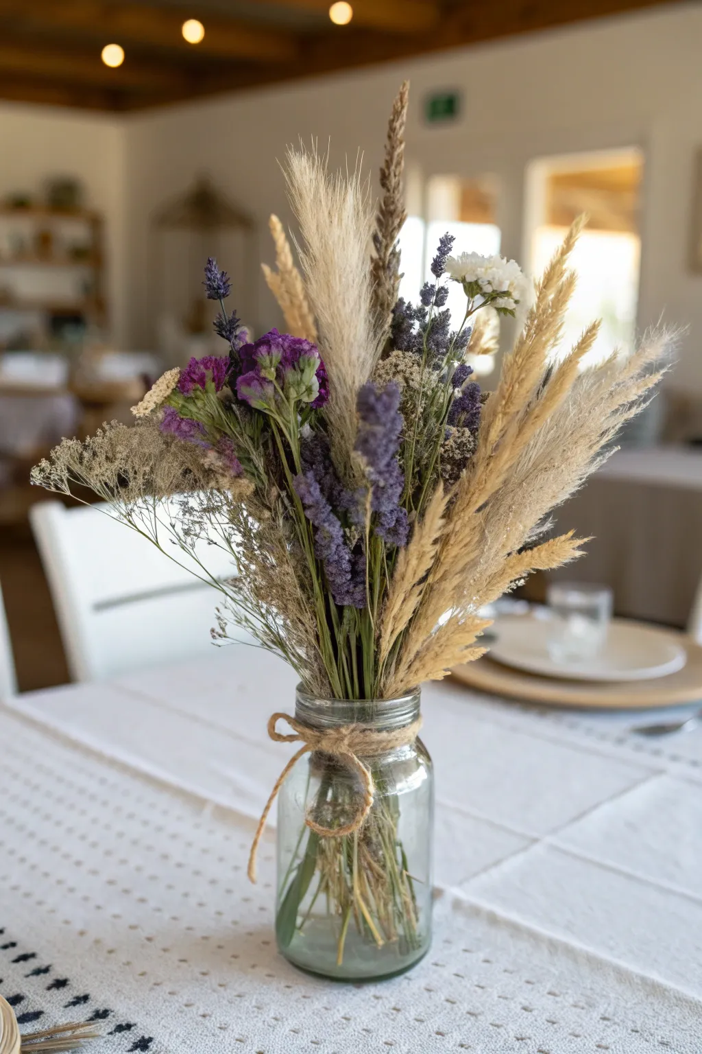 Elevate your dining space with the timeless charm of dried flowers in a mason jar. Perfect for a rustic yet elegant touch!