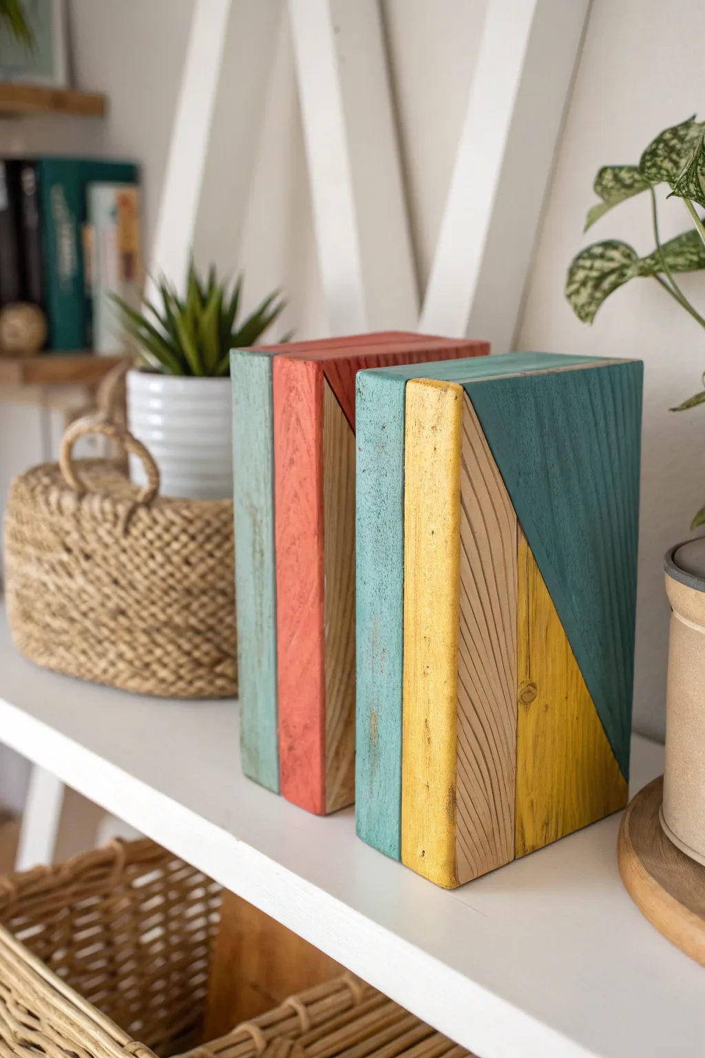 Add a splash of color with DIY chunky wooden bookends – where rustic meets modern elegance.