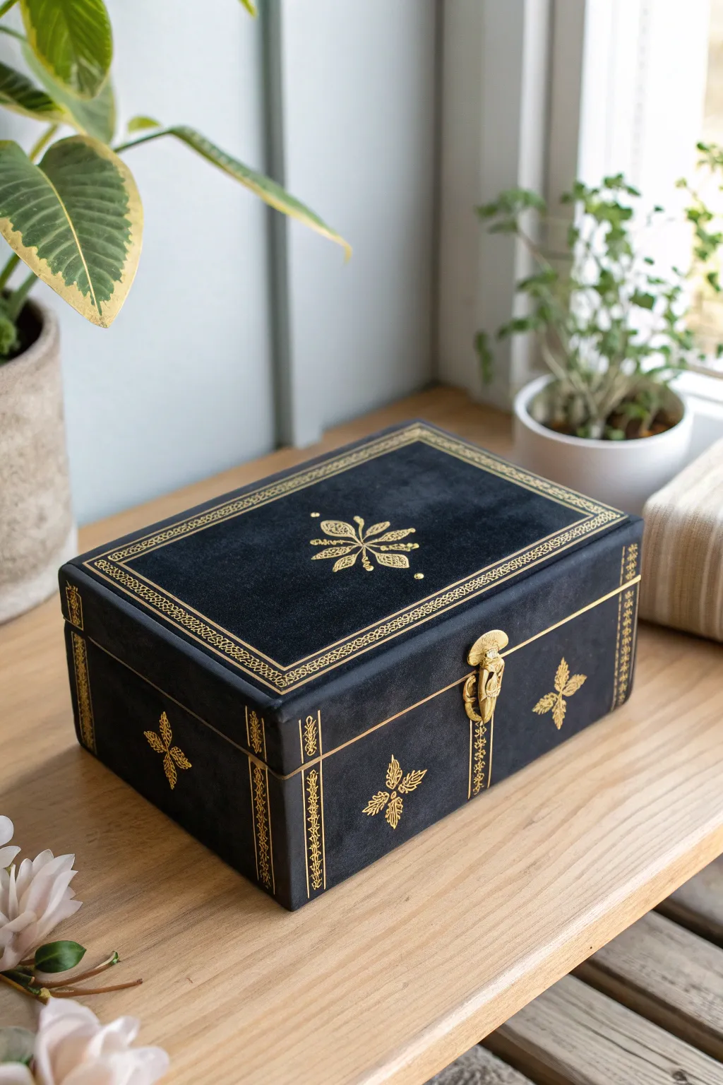 Transform an old cigar box into a chic jewelry treasure trove with velvet and gold accents.