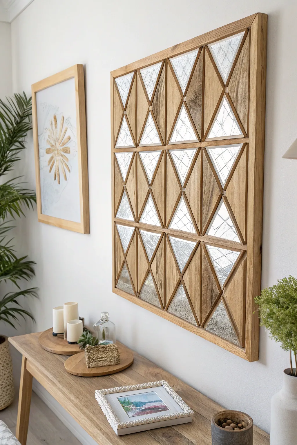 Transform your space with this stunning geometric mirror art—where craftsmanship meets minimalist elegance.