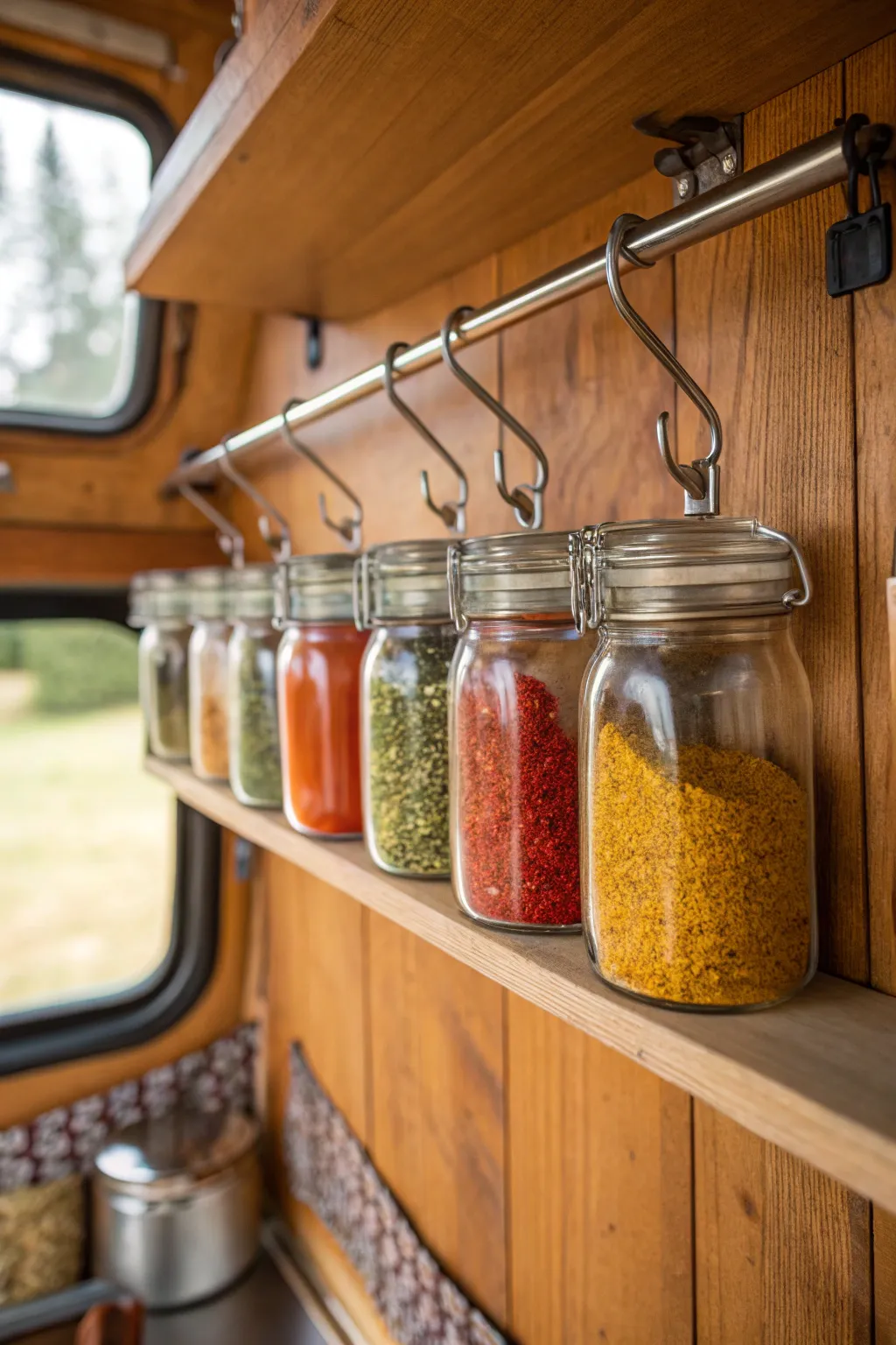 Rustic elegance meets practicality with these hanging mason jars, perfect for keeping your spices organized and within reach.