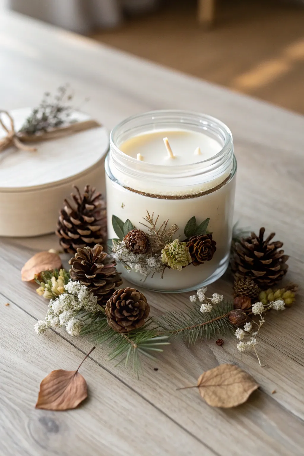 Bring the essence of nature indoors with this charming DIY candle jar, where simple elegance meets natural beauty.