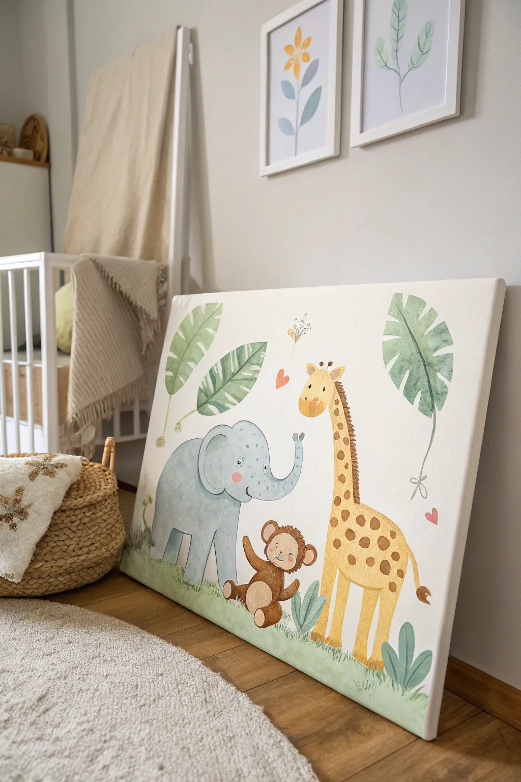Create a jungle adventure in your baby's room with this charming animal parade canvas, blending Scandinavian simplicity with Boho charm.