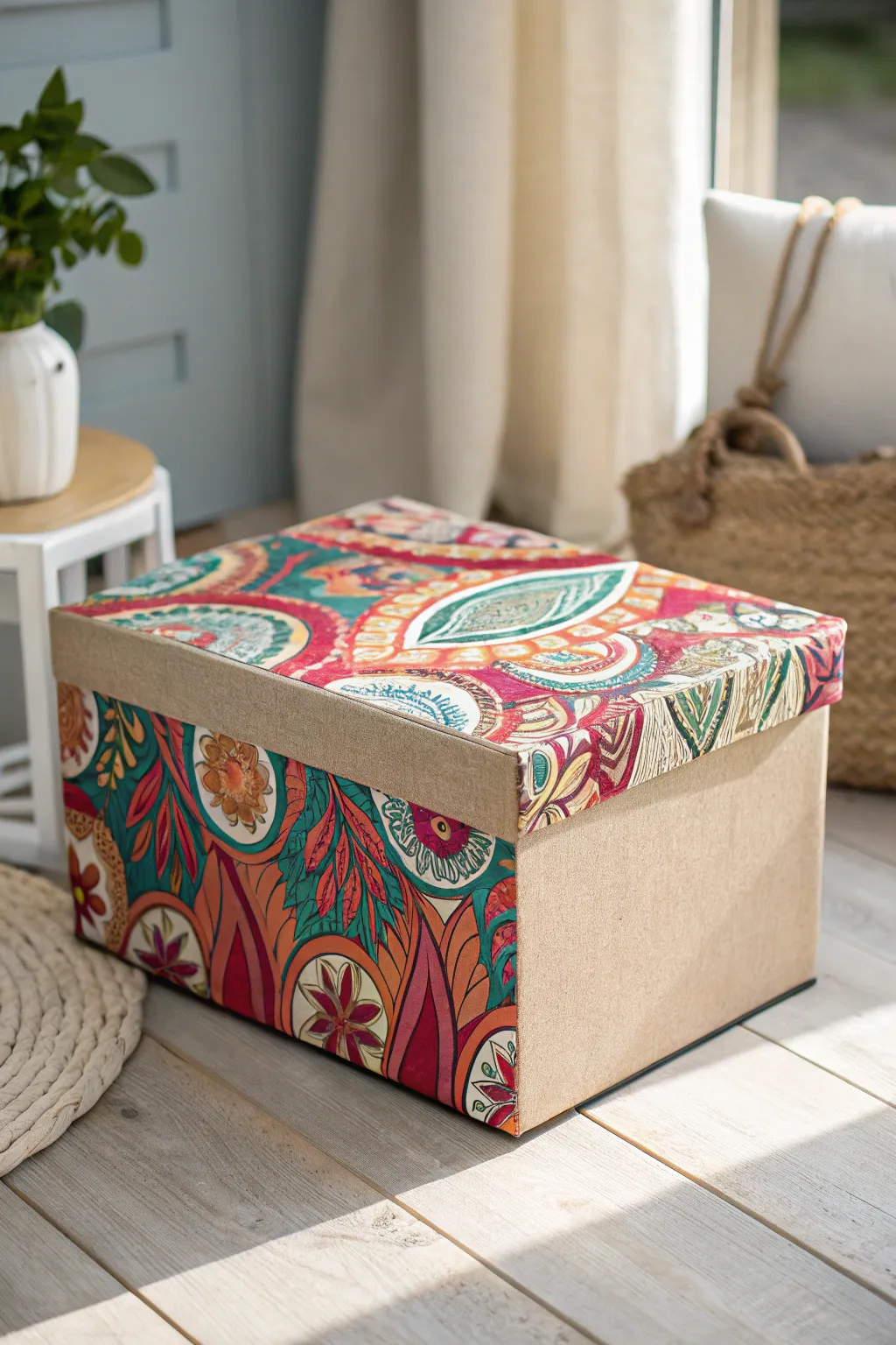 Transform your space with vibrant, fabric-covered storage boxes that blend functionality with boho-chic elegance.