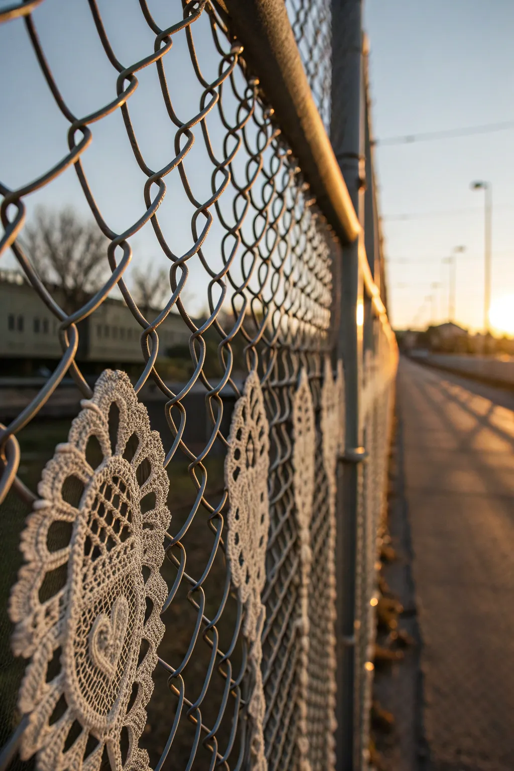 Transform your space with the artful elegance of lace patterns on a chain link fence.