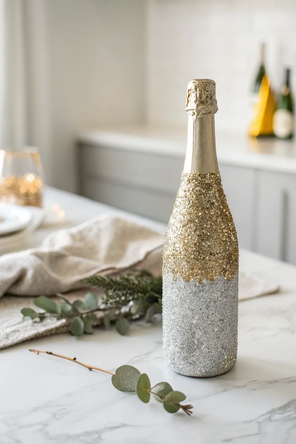 Add a touch of sparkle to your celebration with this DIY glitter champagne bottle.