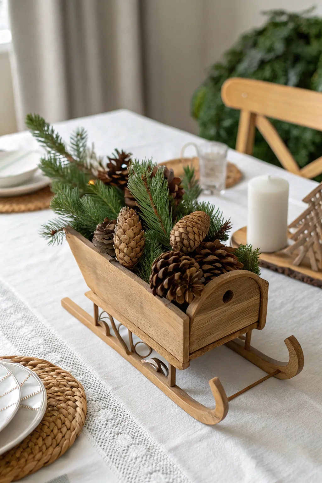 Elevate your holiday table with a charming miniature sleigh centerpiece, embracing rustic beauty and minimalist elegance.