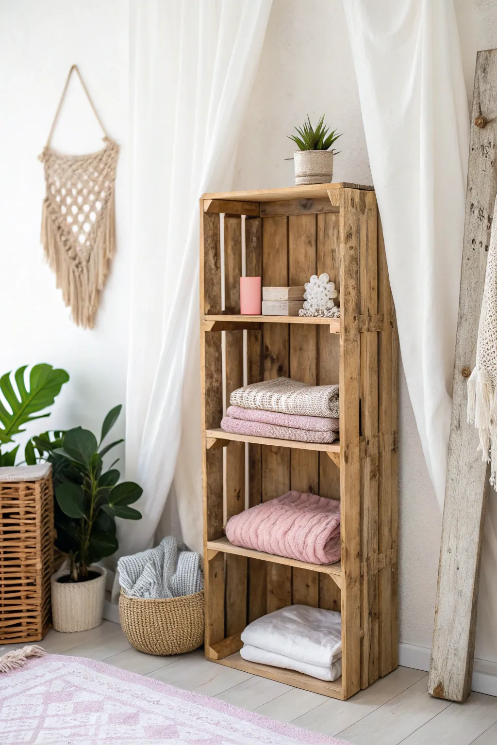 Transform your closet with rustic charm: repurpose wooden pallets into elegant shelving.