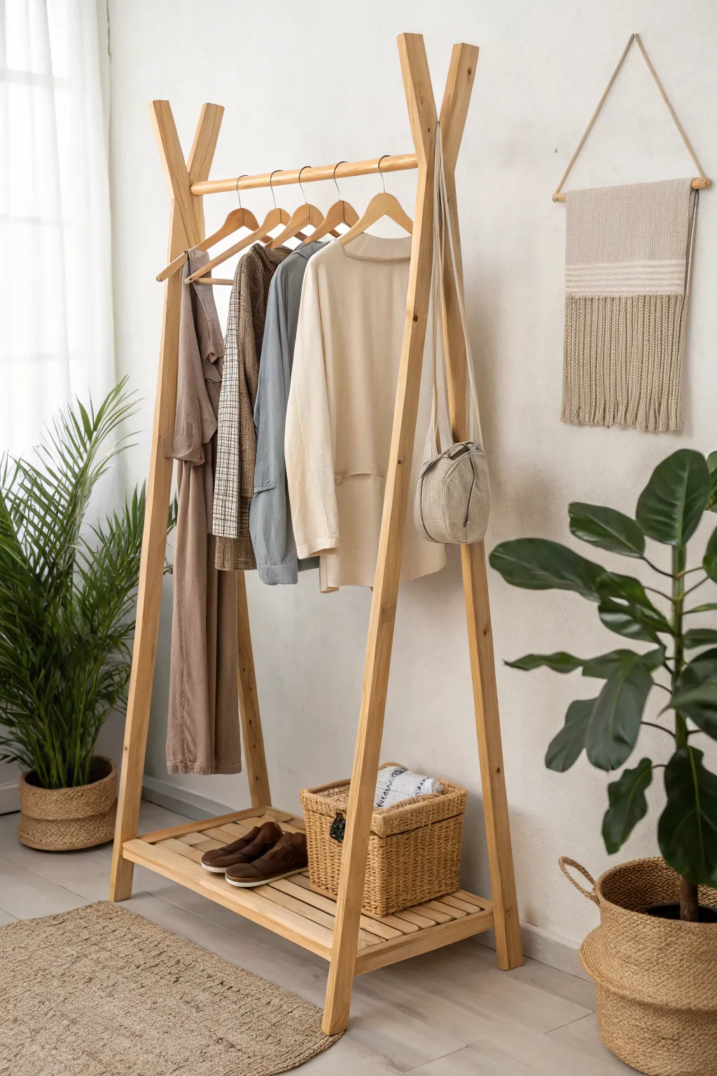 Embrace simplicity and style with this DIY wooden T-shape clothes rack, perfect for showcasing your wardrobe with a touch of Scandinavian elegance.