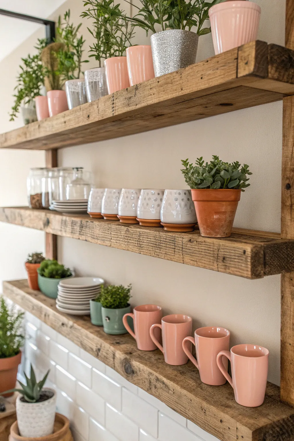 Transform your space with rustic wooden shelving for a cozy coffee nook.