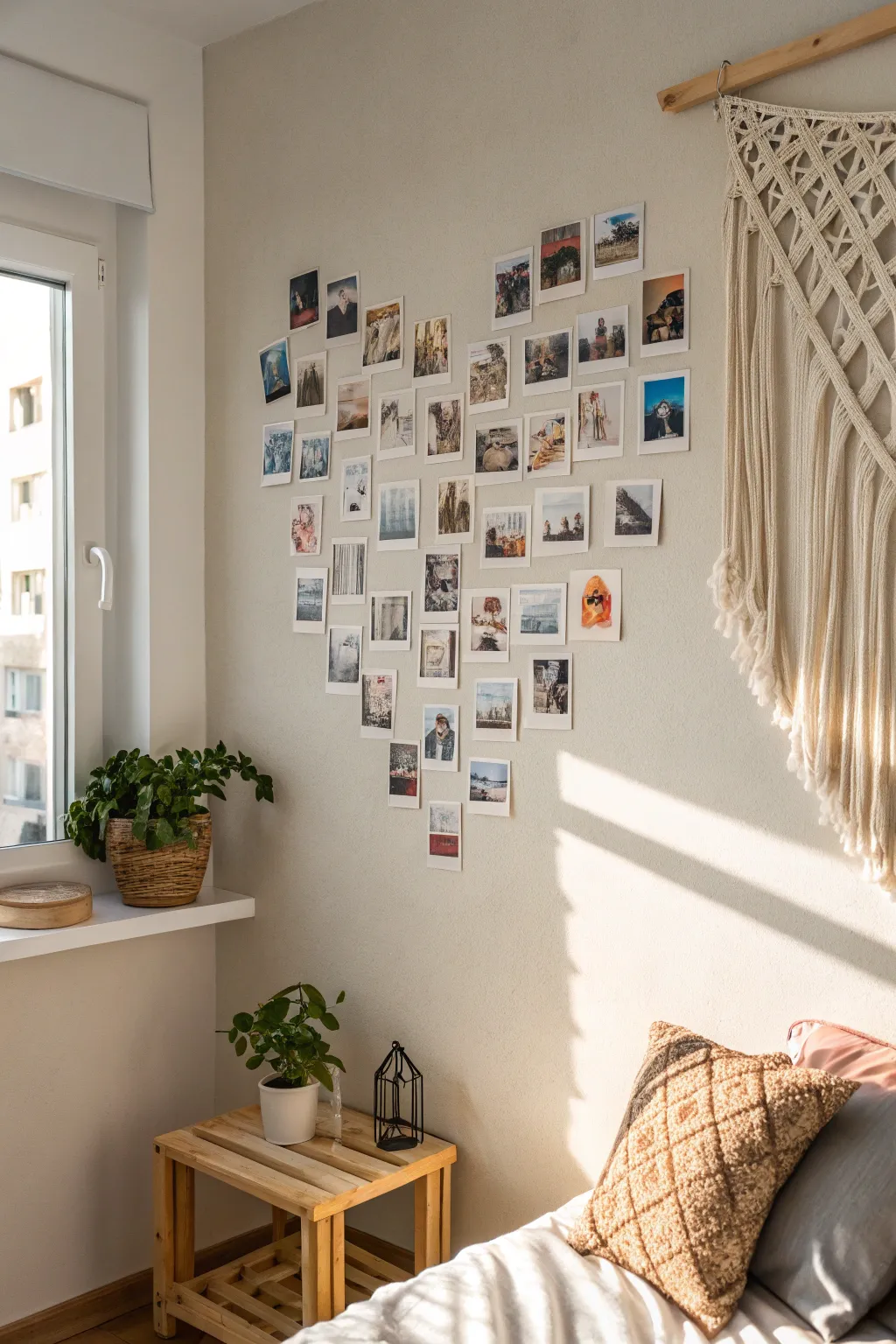 Capture love and memories with a heart-shaped photo collage that adds a personal touch to your minimalist space.