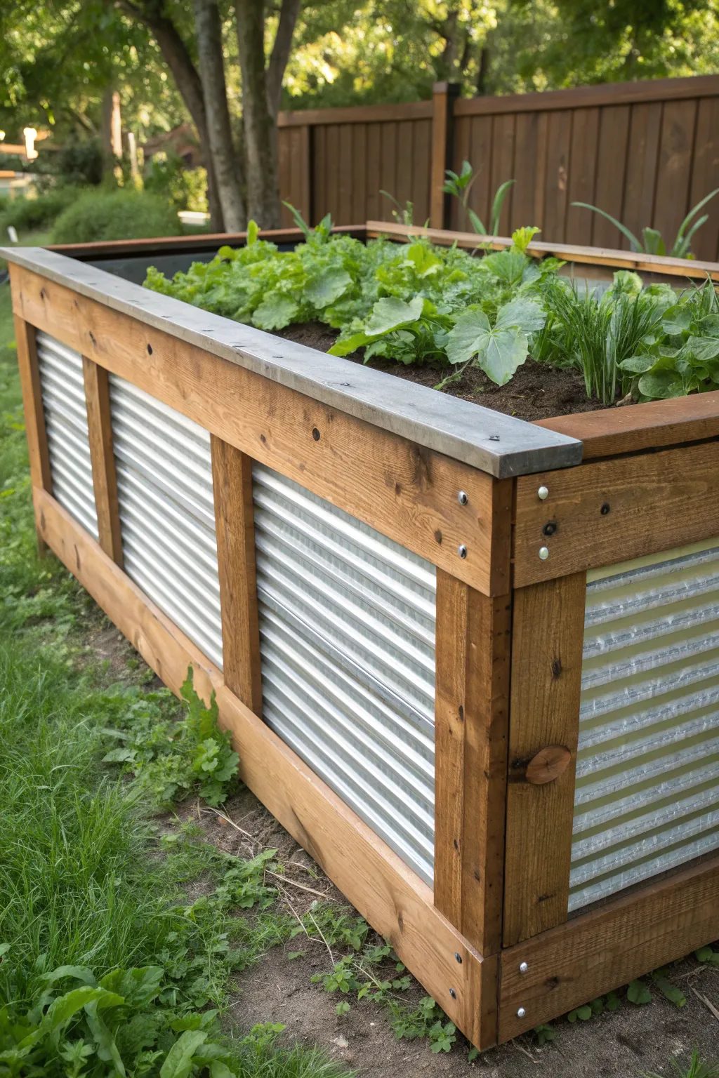 Rustic meets industrial: A perfect blend of wood and metal for your garden oasis.