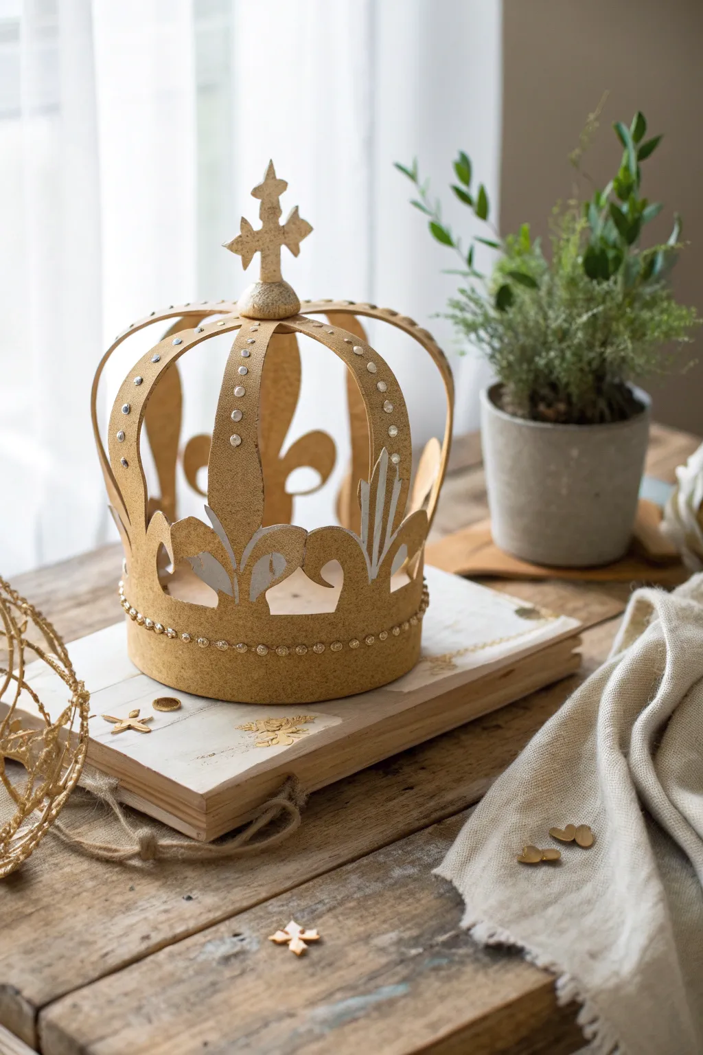 Crafted Elegance: Transform cardboard into a regal gold crown centerpiece, perfect for adding a touch of luxury to any setting.