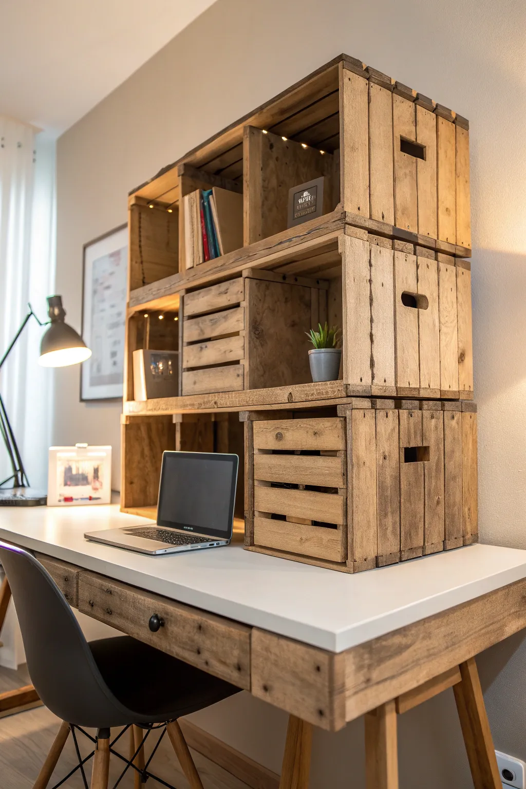 Transform vintage crates into a stunning desk hutch—rustic charm meets modern functionality.
