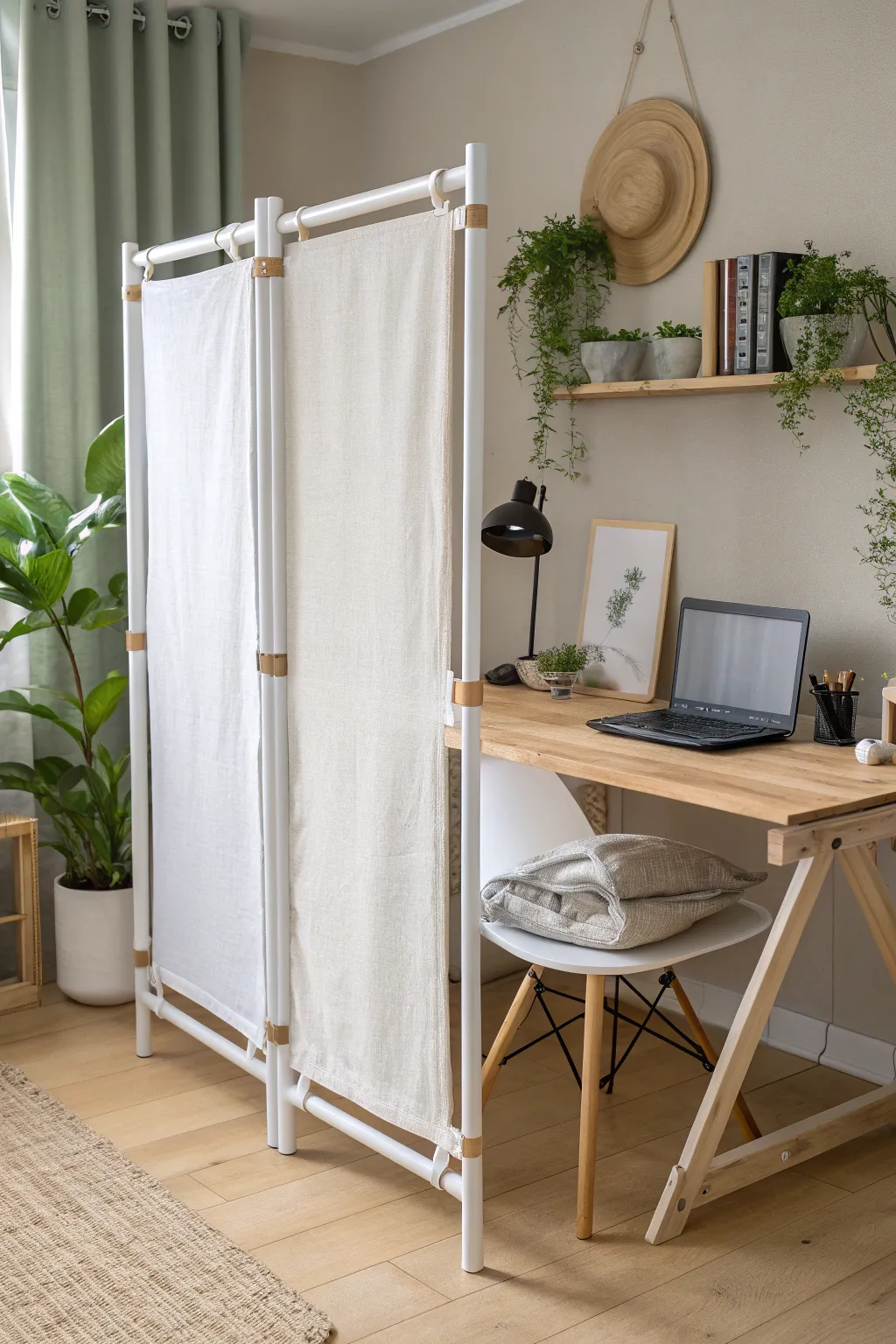 Transform your workspace with a chic DIY desk partition crafted from PVC pipes and your favorite fabric. Simple elegance with a personal touch!