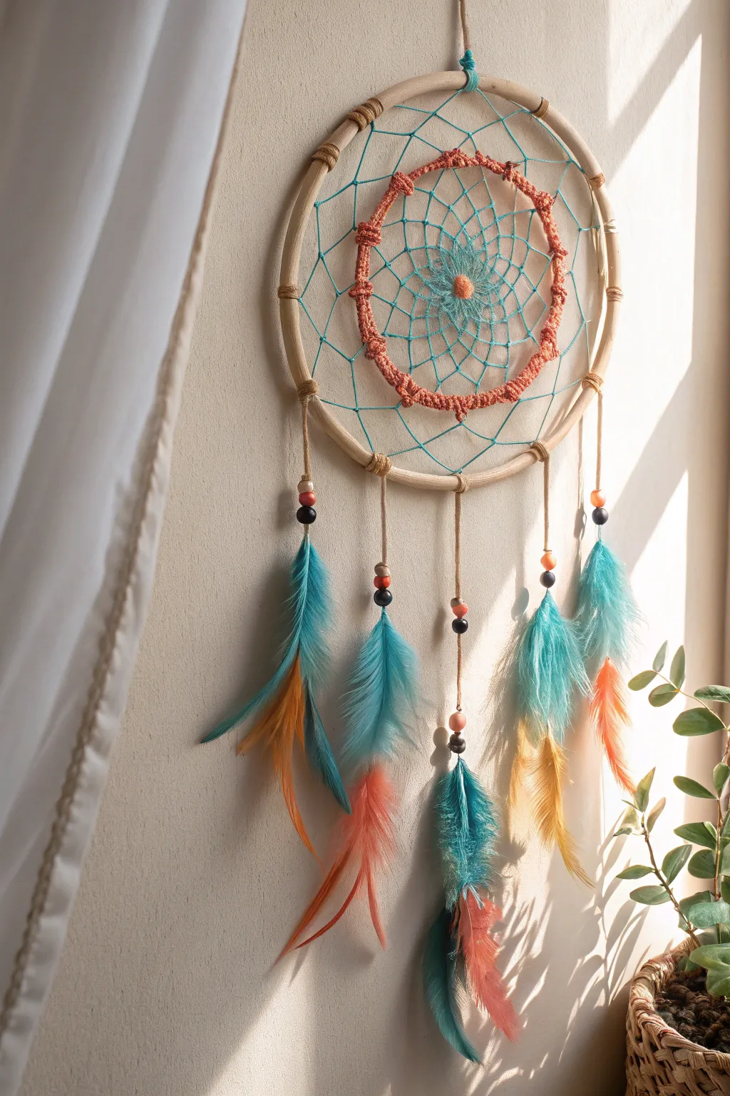 Capture the essence of boho chic with this handcrafted dream catcher, a perfect blend of color and simplicity.