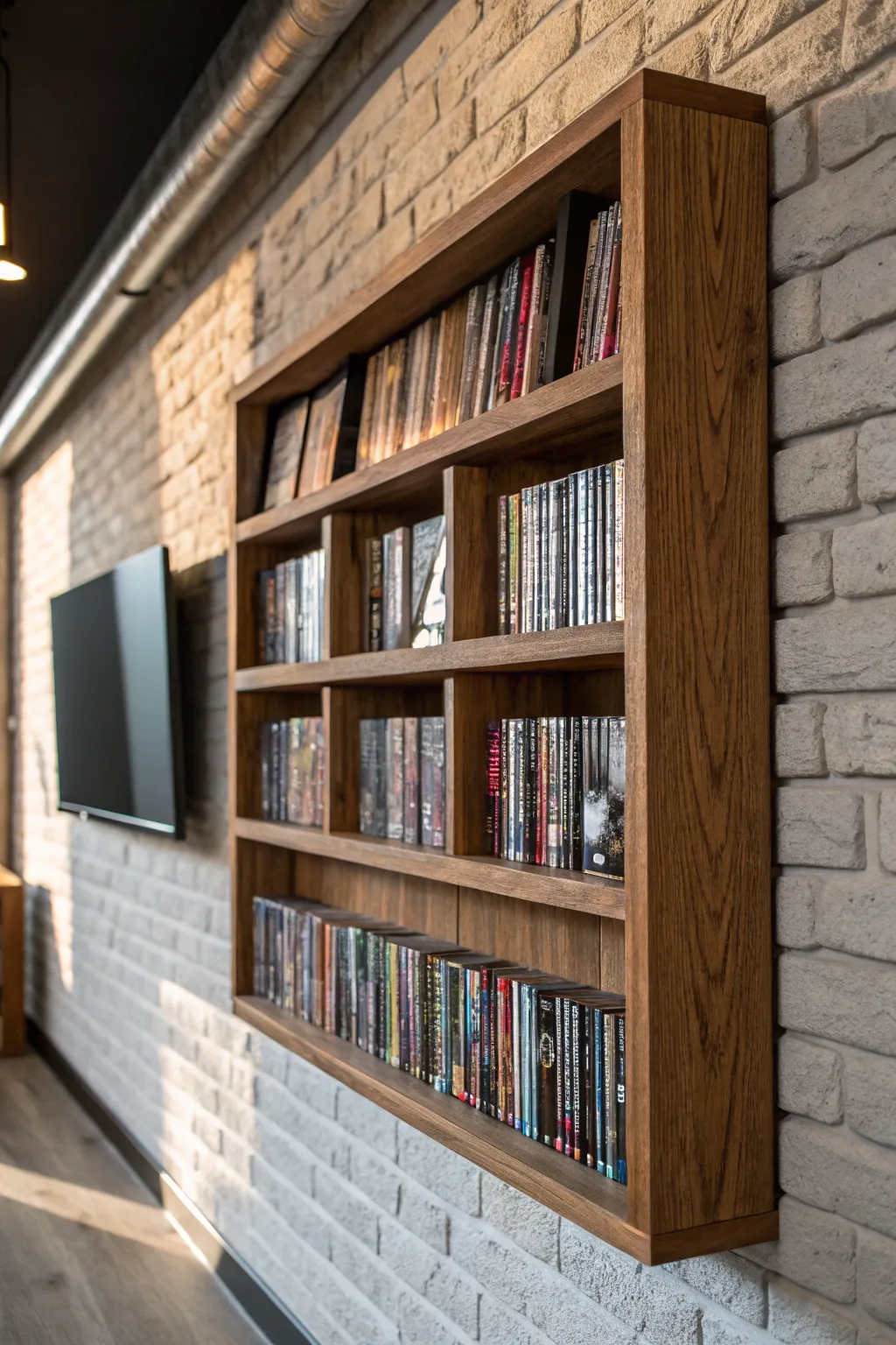 Elevate your space with handcrafted wall-mounted shelves that turn DVDs into a stunning feature wall.