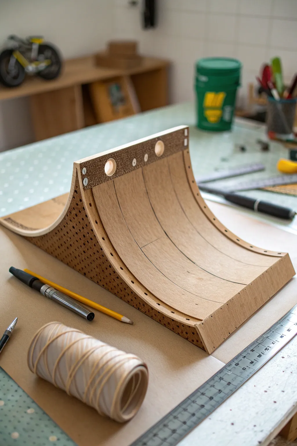 Craftsmanship in Miniature: Elevate Your Fingerboard Skills with a Handmade Cardboard Quarter Pipe.
