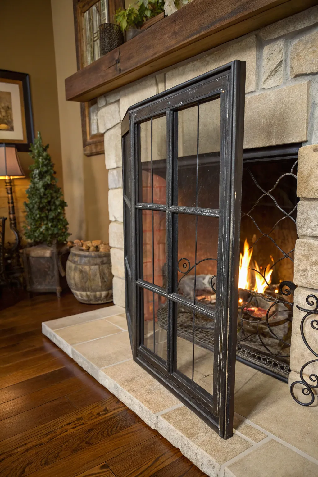 Transform your fireplace with a vintage window frame screen for a touch of rustic elegance.