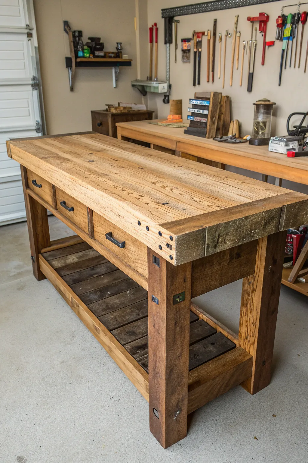 Transform your workspace with a rustic, reclaimed wood workbench—where craftsmanship meets functionality.