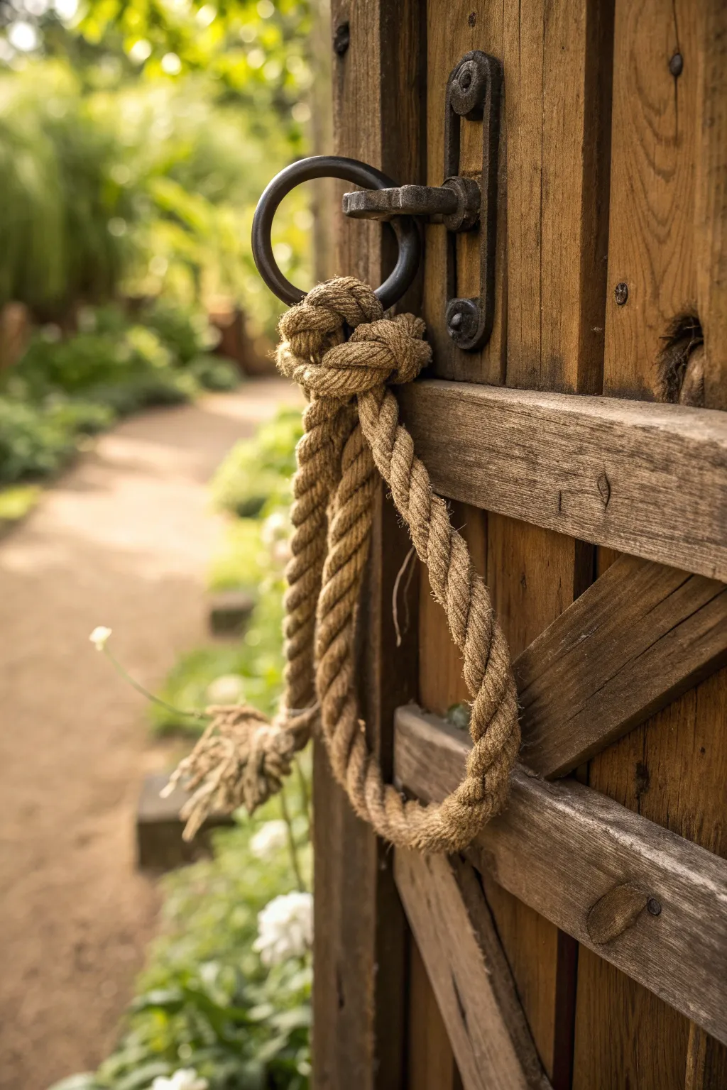 Transform your garden gate with a charming rustic rope latch that exudes craftsmanship and durability.