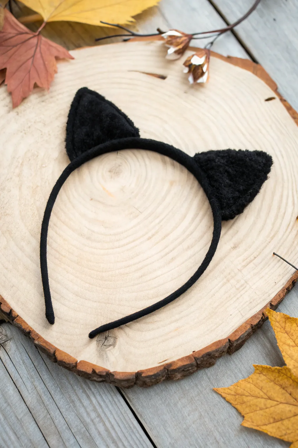 Embrace your inner feline with this chic DIY black cat headband, perfect for a minimalist Halloween look!