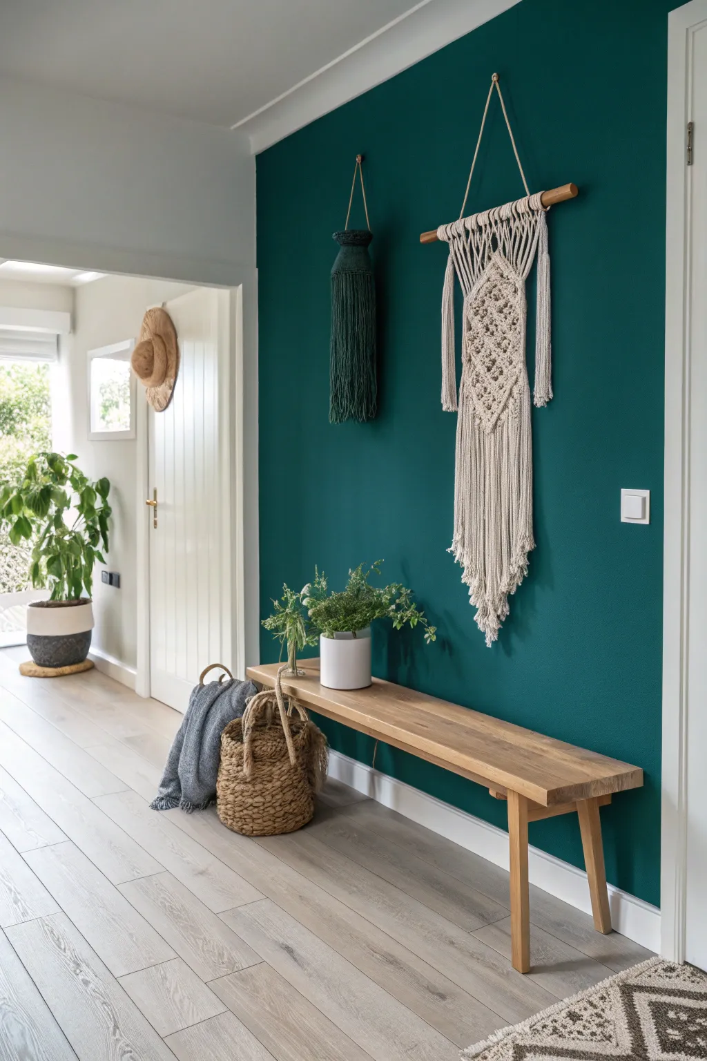 Transform your hallway with a bold teal accent wall for a stunning minimalist makeover.