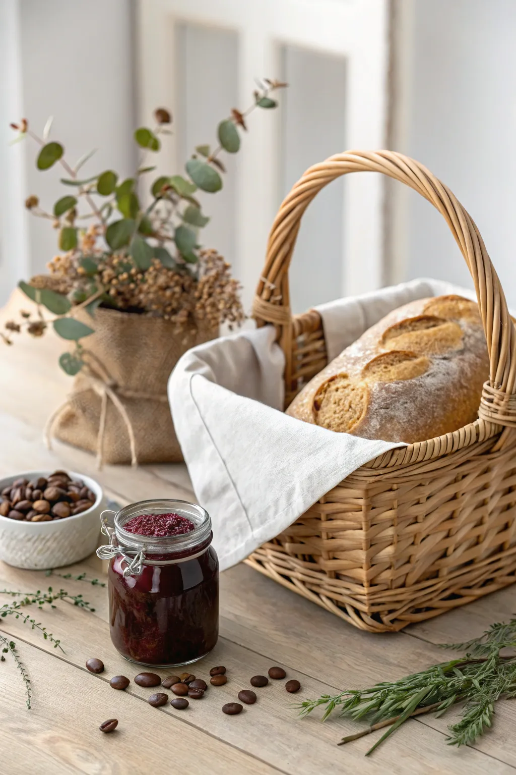 Start your day with the cozy warmth of a rustic breakfast hamper, blending simplicity and natural beauty.